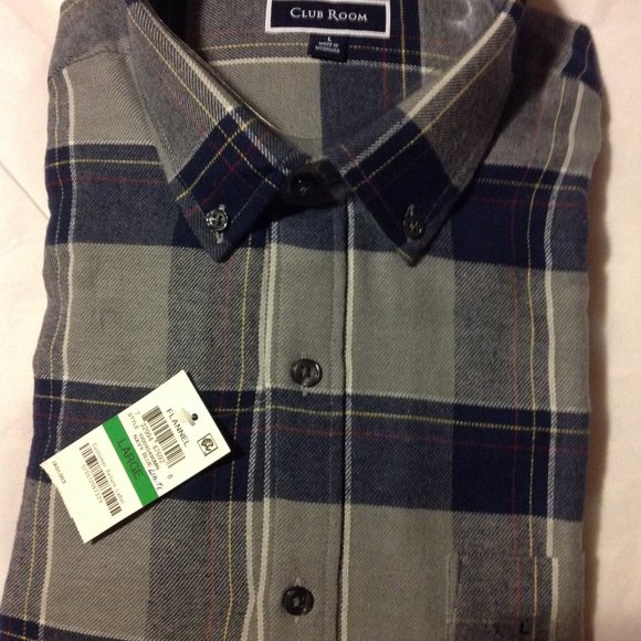 Club Room Men's 100% Cotton Flannel Button Down Large Navy/Gray Shirt - … - Picture 1 of 2